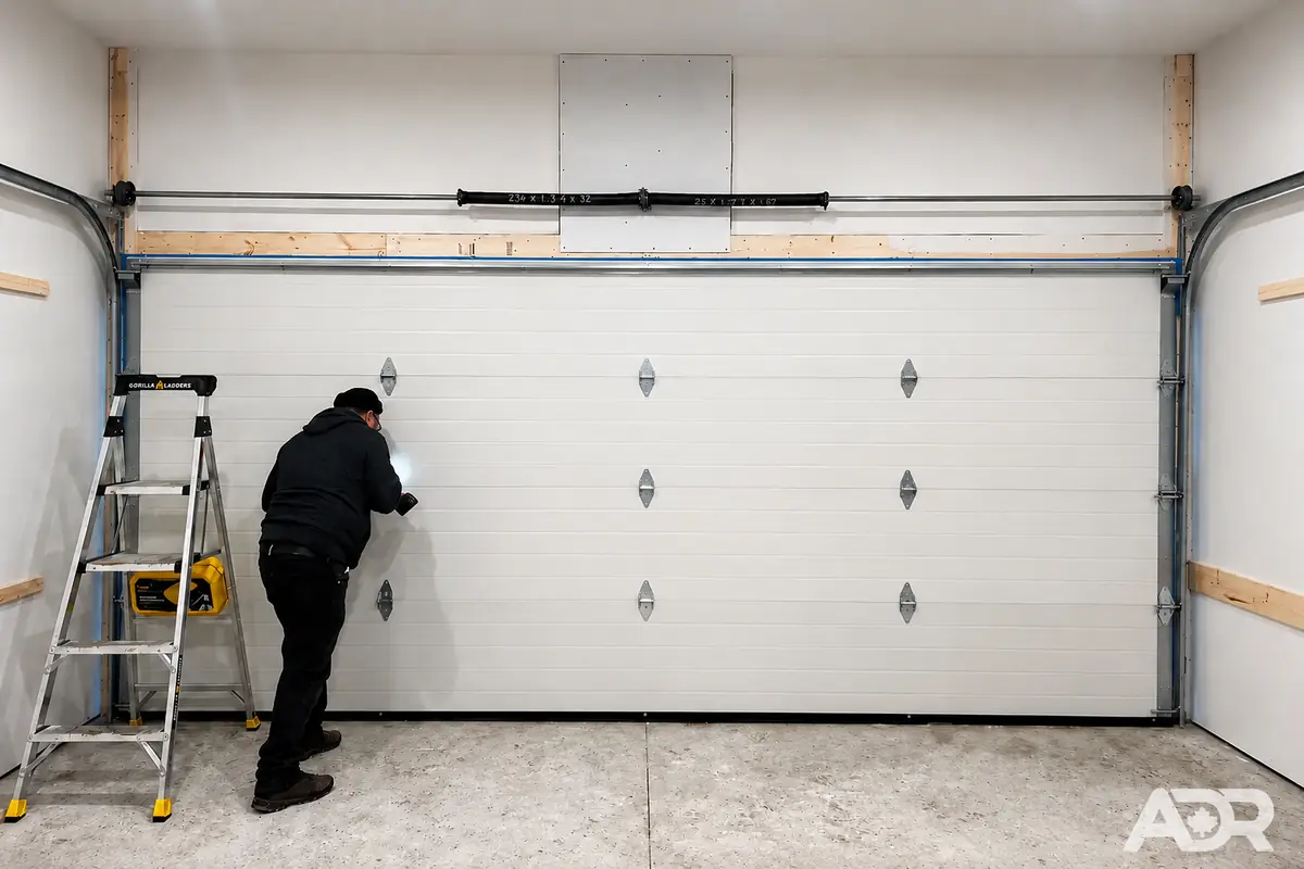 ADR technician inspecting hinges on a residential sectional garage door