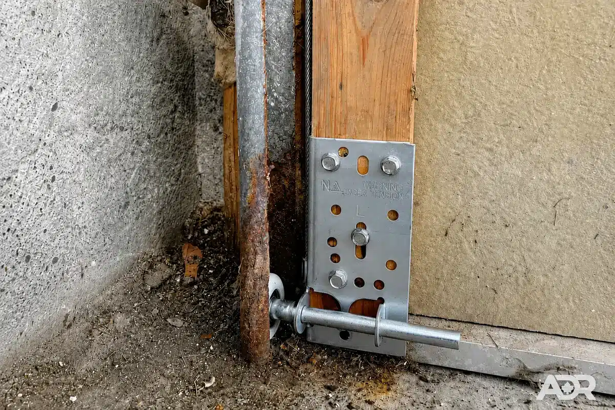 Garage door lifting cable beside a bottom bracket marked under tension
