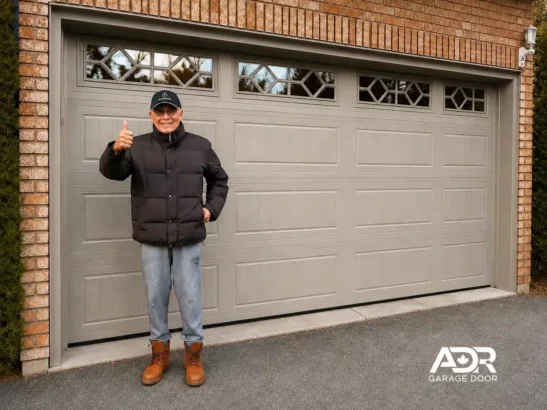 New Garage Door Installation in Barrie Homeowner in front of a newly installed double garage door in Barrie, Ontario